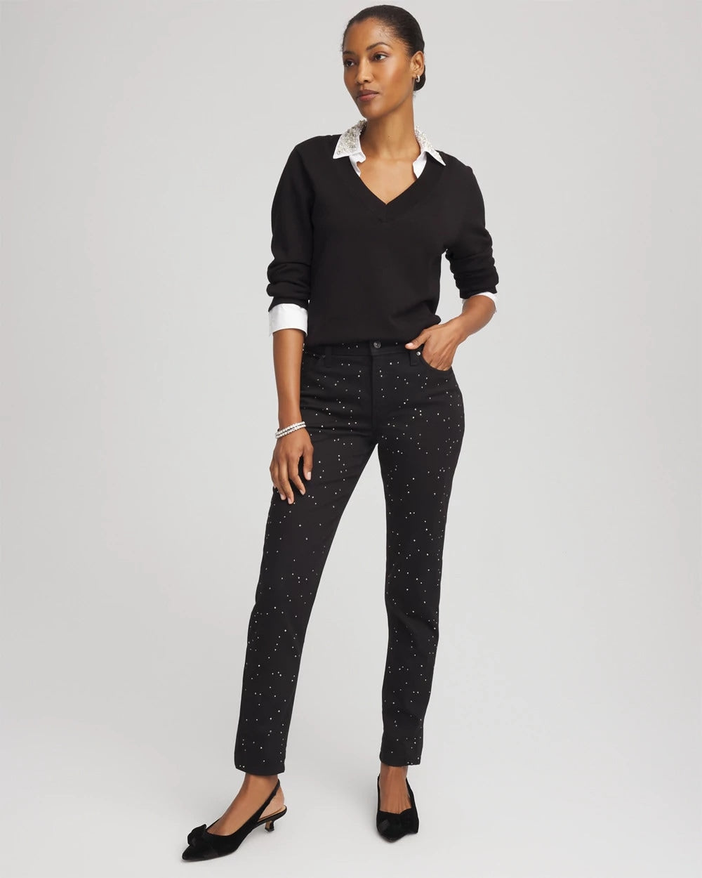 Chico's Stone Embellished Girlfriend Slim Ankle Jeans BLACK