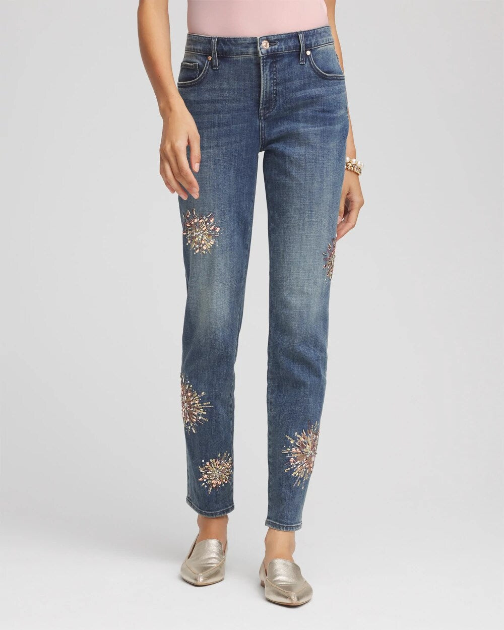 Chico's Embellished Starbursts Girlfriend Slim Ankle Jeans BRILLIANT BLUE INDIGO