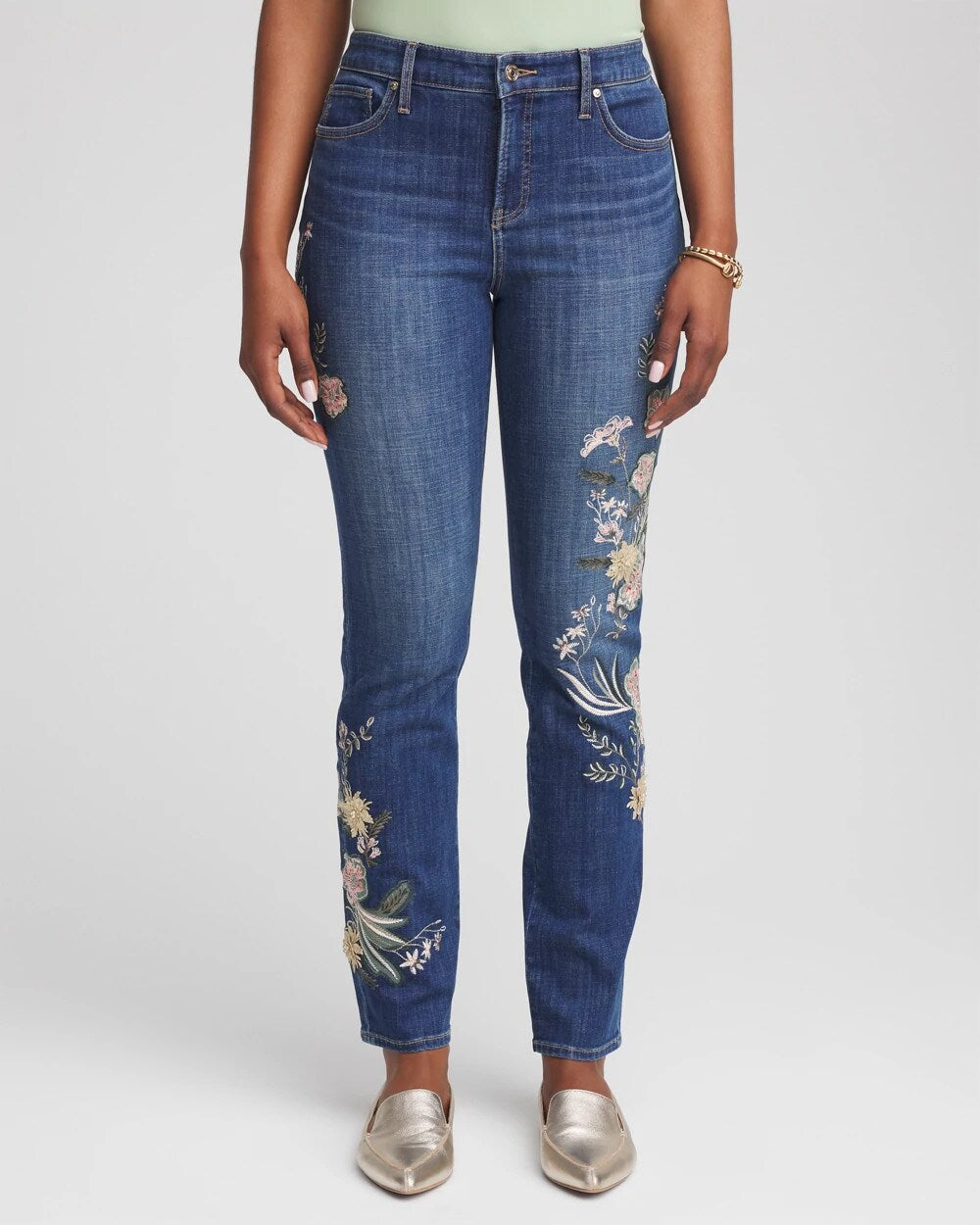 Chico's Appliqué Girlfriend Slim Ankle Jeans DRAGON ROAD INDIGO