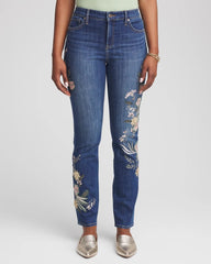 Chico's Appliqué Girlfriend Slim Ankle Jeans DRAGON ROAD INDIGO