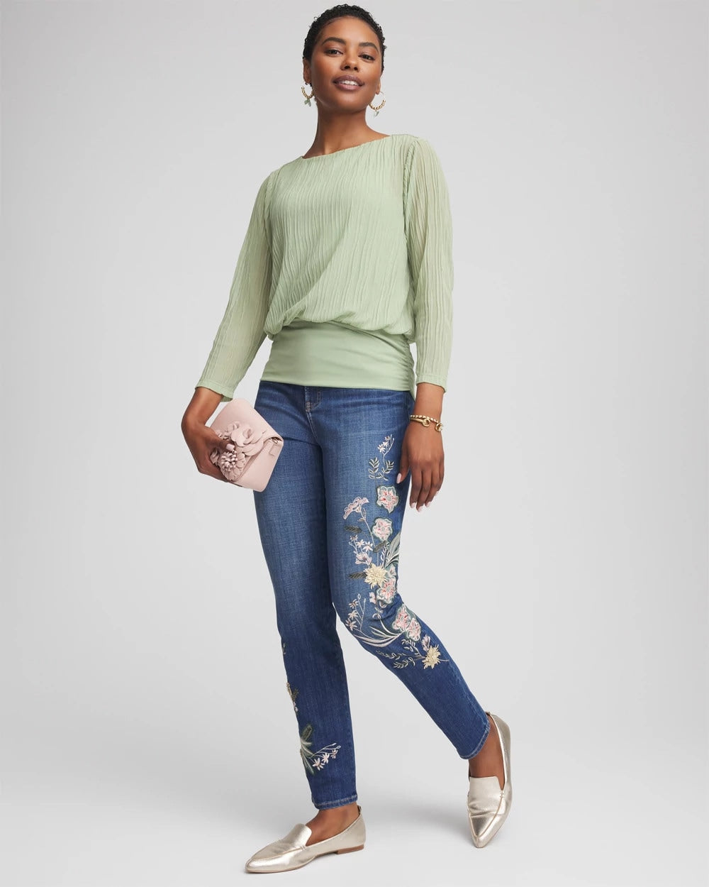 Chico's Appliqué Girlfriend Slim Ankle Jeans DRAGON ROAD INDIGO