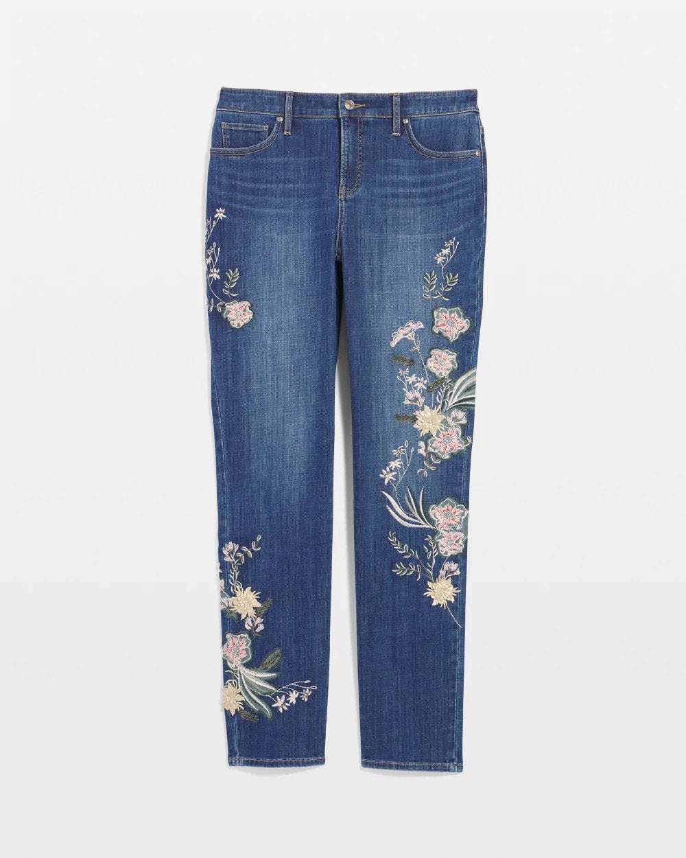 Chico's Appliqué Girlfriend Slim Ankle Jeans DRAGON ROAD INDIGO