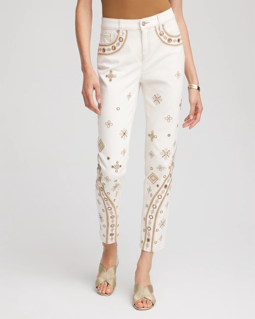 Chico's Embellished Girlfriend Slim Ankle Jeans SEA SALT