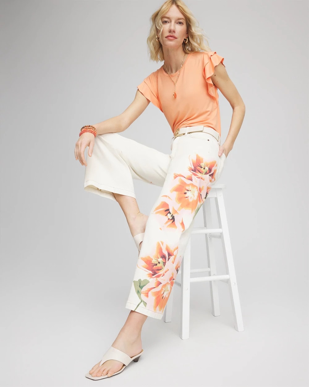Chico's Floral High-Rise Wide-Leg Cropped Jeans SEA SALT
