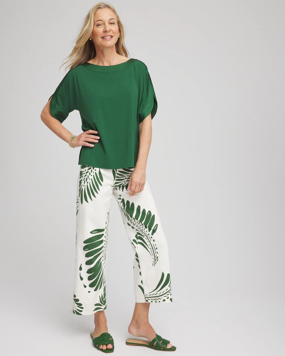 Chico's Palm-Frond-Motif Pull-On Wide-Leg Cropped Jeans ECRU