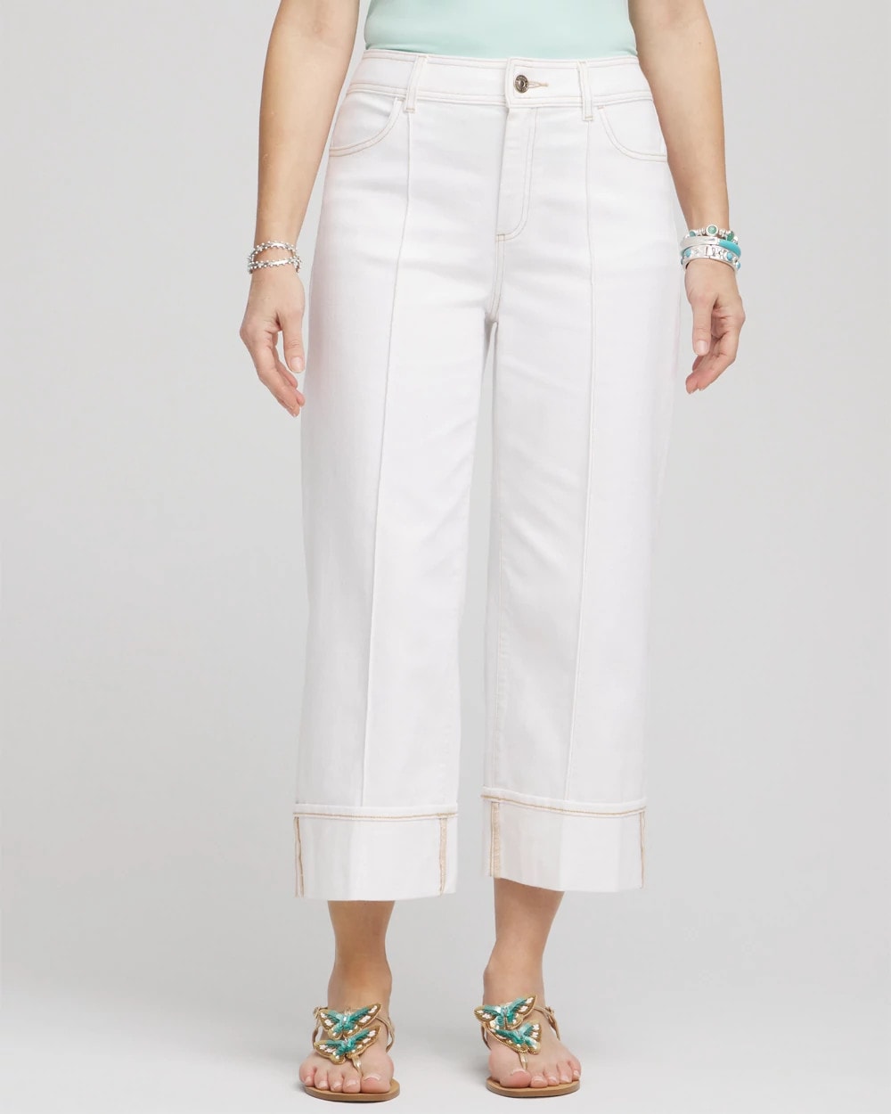 Chico's Pintuck High-Cuff Cropped Jeans ALABASTER