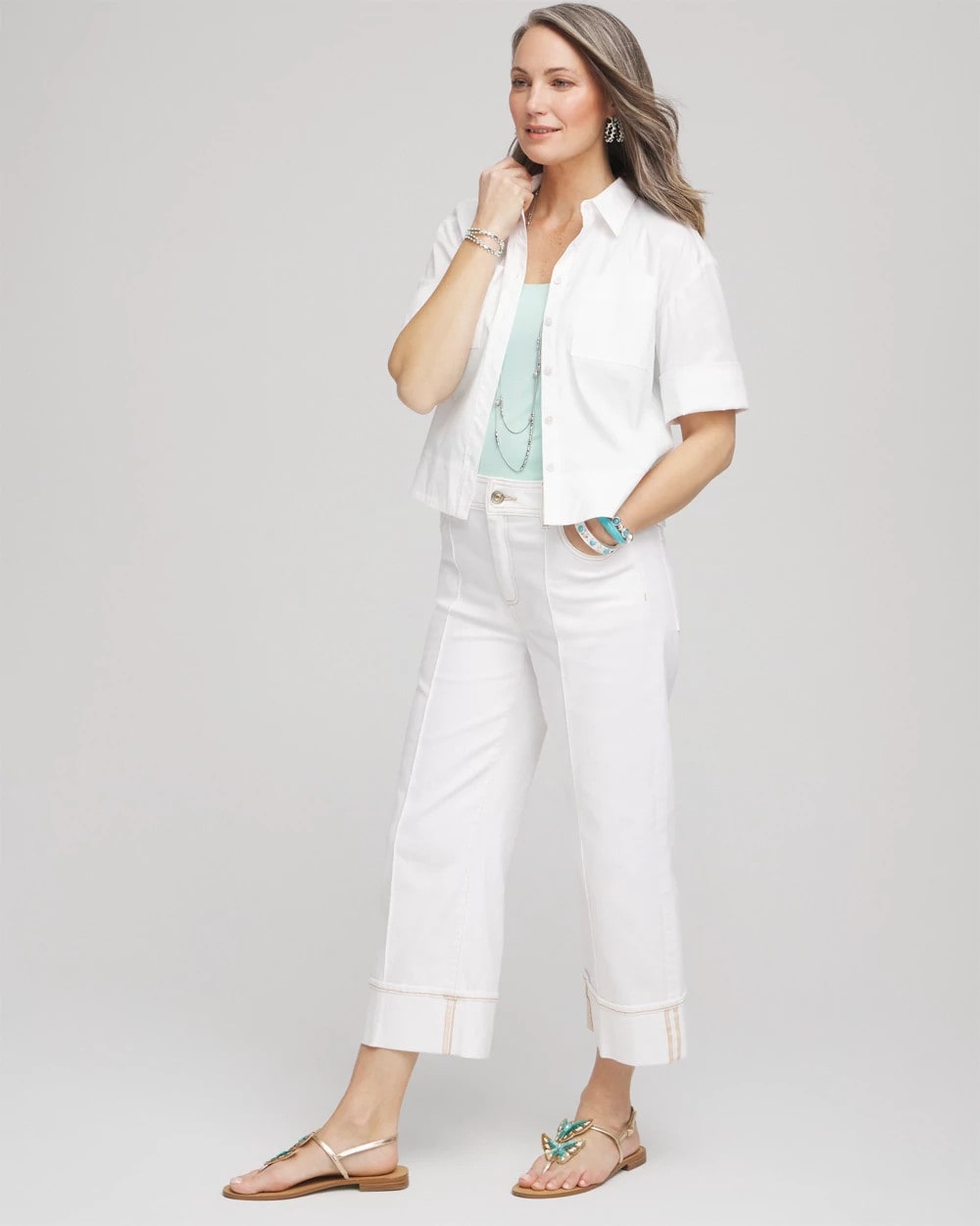 Chico's Pintuck High-Cuff Cropped Jeans ALABASTER