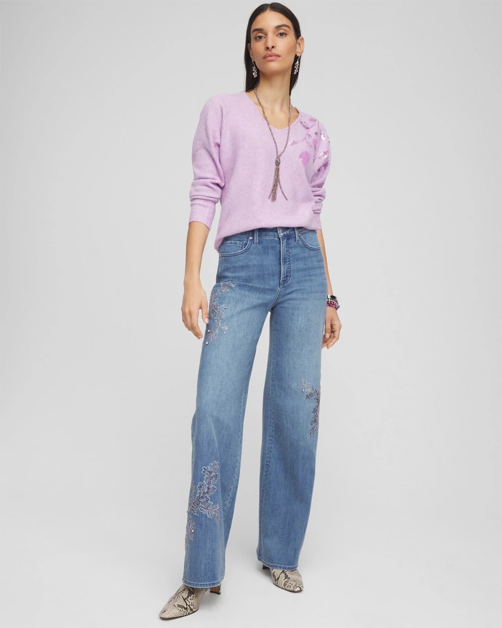 Chico's Embellished High Rise Wide Leg Jeans MEERA INDIGO