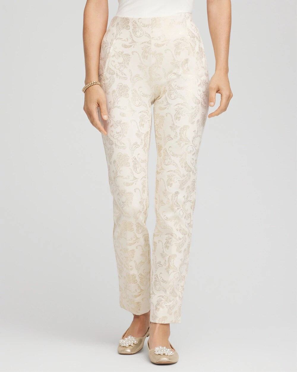 Chico's Juliet Golden Foiled Slim Ankle Pants ENGLISH CREAM