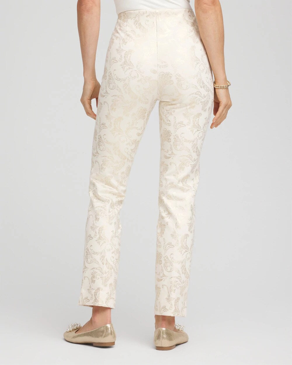 Chico's Juliet Golden Foiled Slim Ankle Pants ENGLISH CREAM