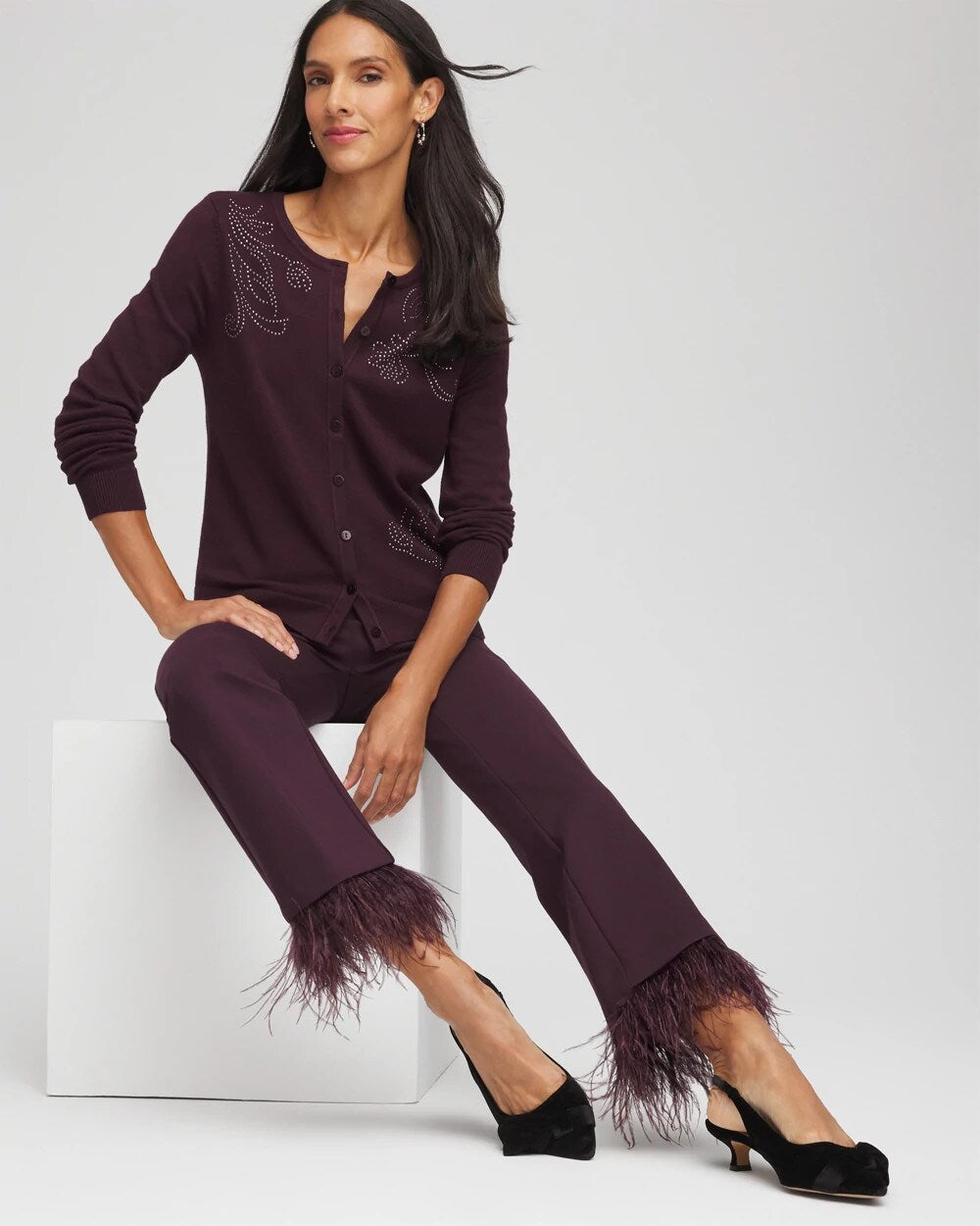 Chico's Juliet Feathered Flared Cropped Pants NIGHT BLOOM