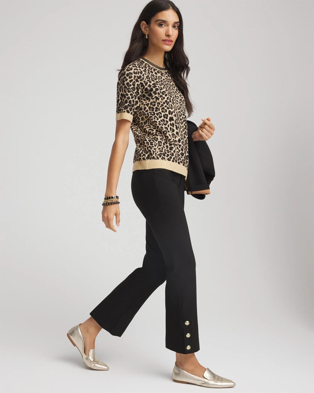 Chico's Bi-Stretch Flared Button-Hem Cropped Pants BLACK
