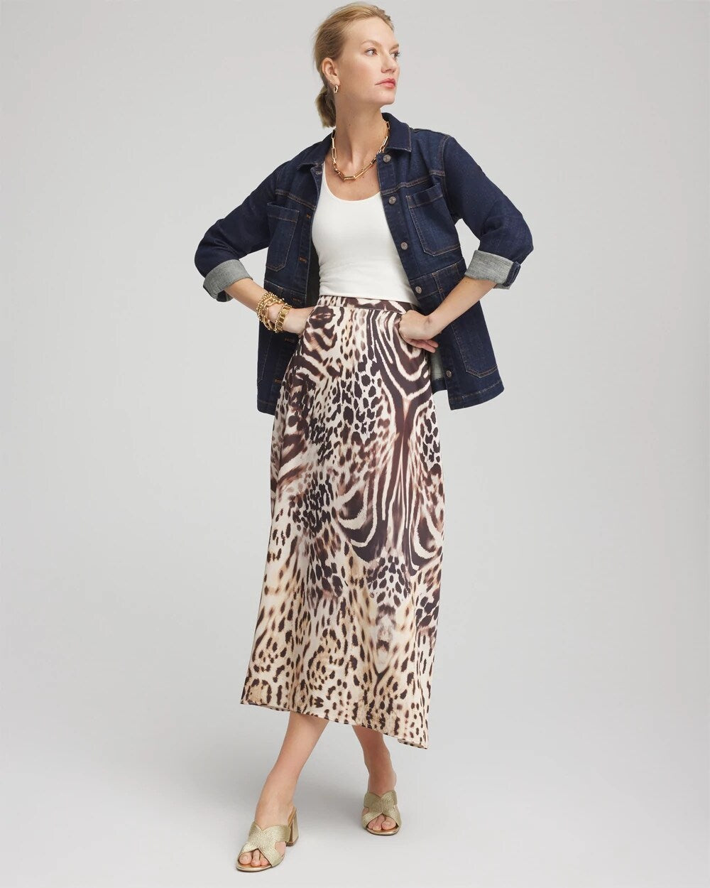 Chico's Animal Bengal Marks Faux Satin Skirt BLACK