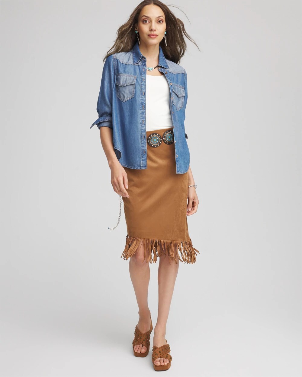 Chico's Suede Fringed Asymmetrical Skirt BURNT SIENNA