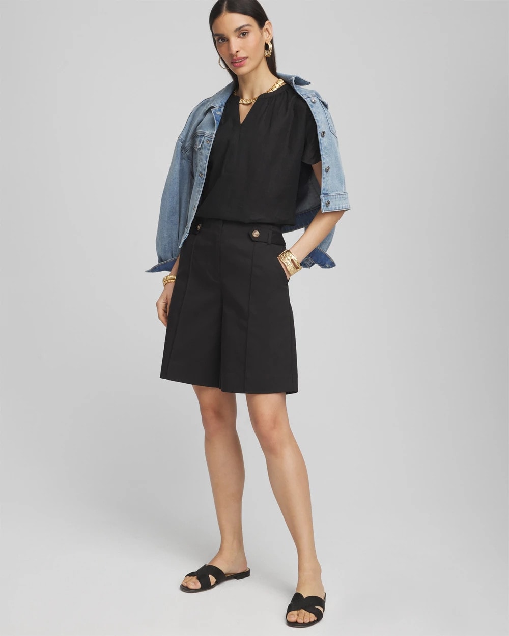 Chico's Sateen Tab-Front A-line Shorts BLACK