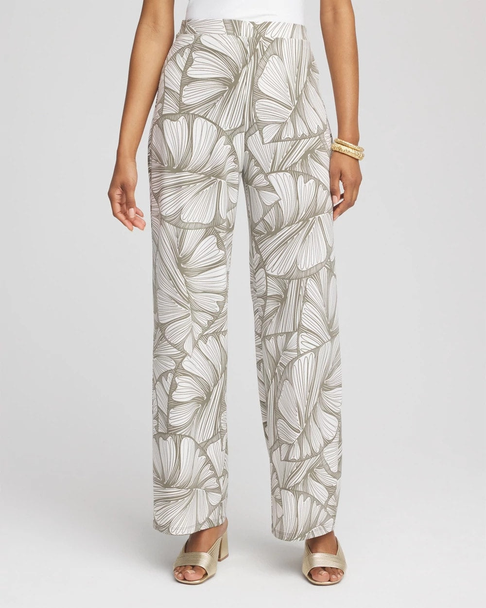 Chico's Travelers™ Abstract Leaf Print Knit Wide-Leg Pants DUSTY OLIVE