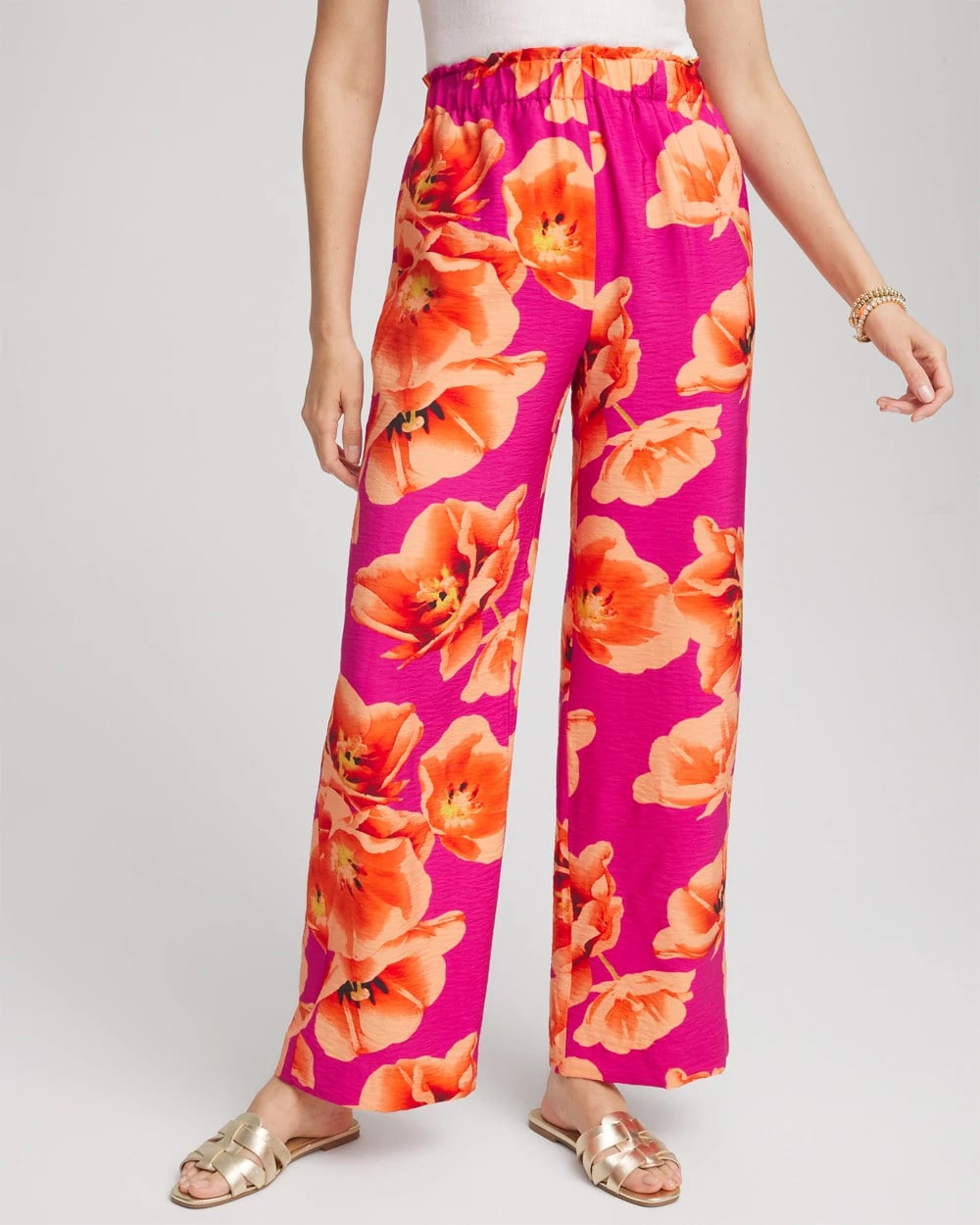 Chico's Tropical Smocked Pull-On Pants CRUSHED BERRIES