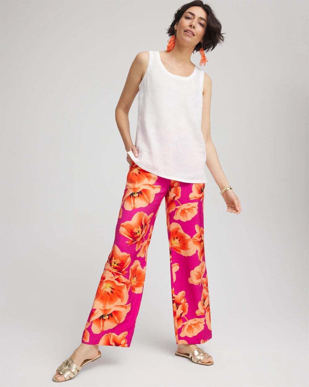 Chico's Tropical Smocked Pull-On Pants CRUSHED BERRIES