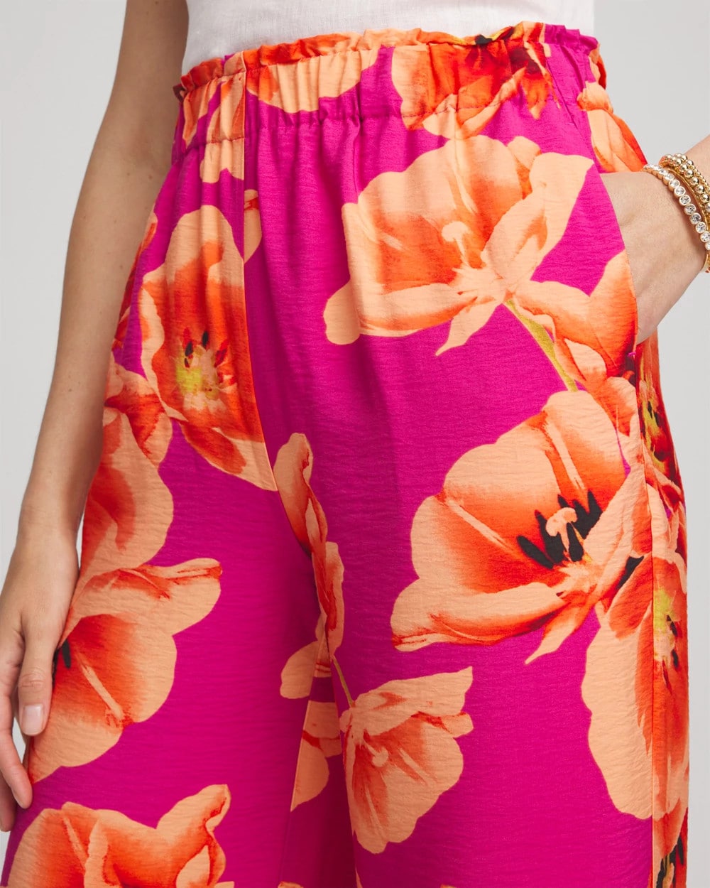 Chico's Tropical Smocked Pull-On Pants CRUSHED BERRIES
