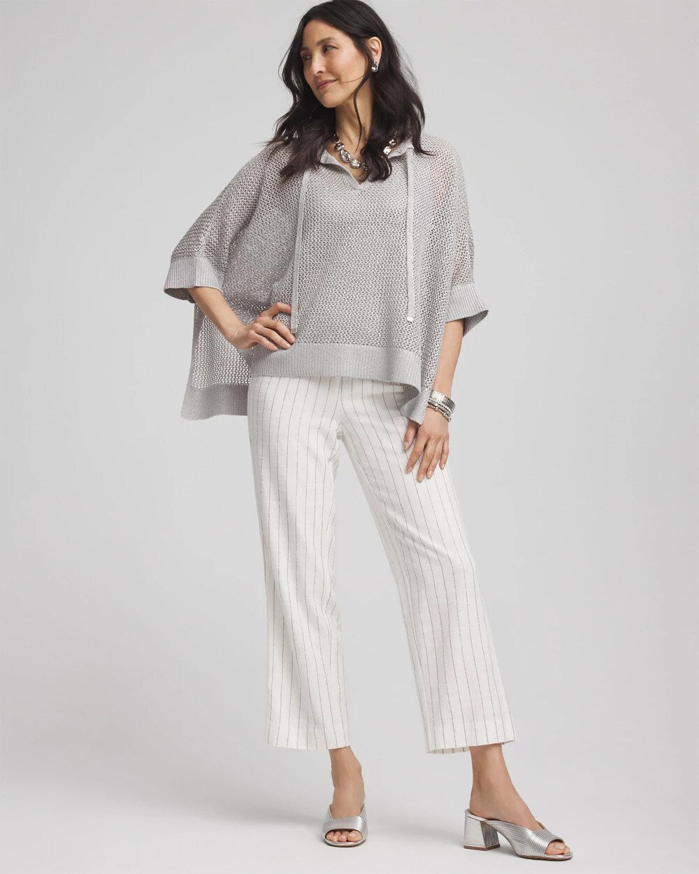 Chico's Metallic Striped Straight Cropped Pants ECRU