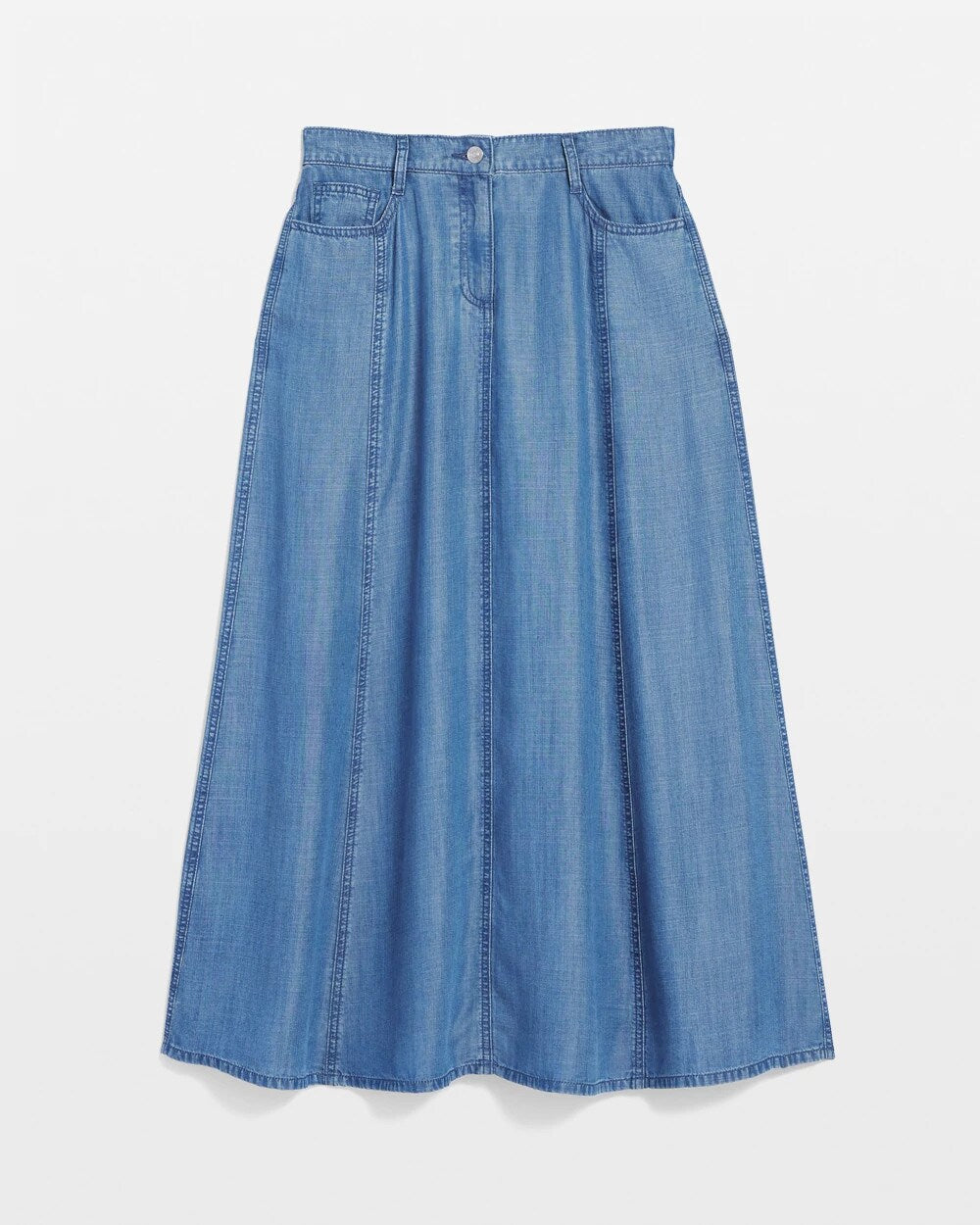 Chico's Lightweight Denim Fly Front Midi Skirt BAILEY INDIGO