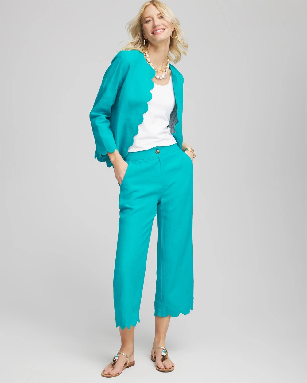 Chico's Linen Scallop Hem Crop Pants SEASPRAY