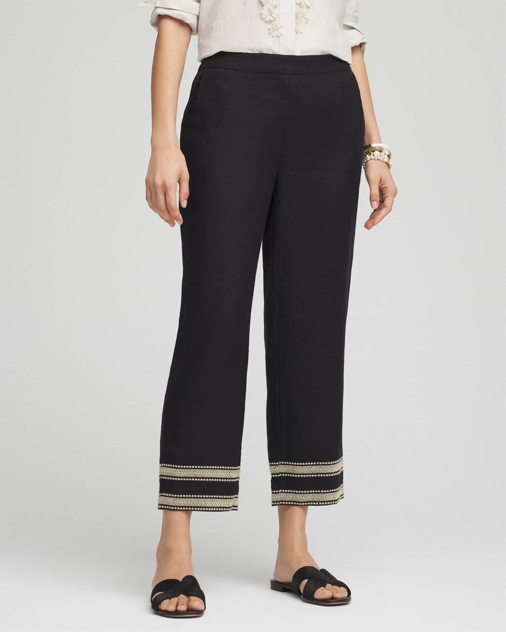Chico's Linen Elastic Waist Cropped Pants BLACK