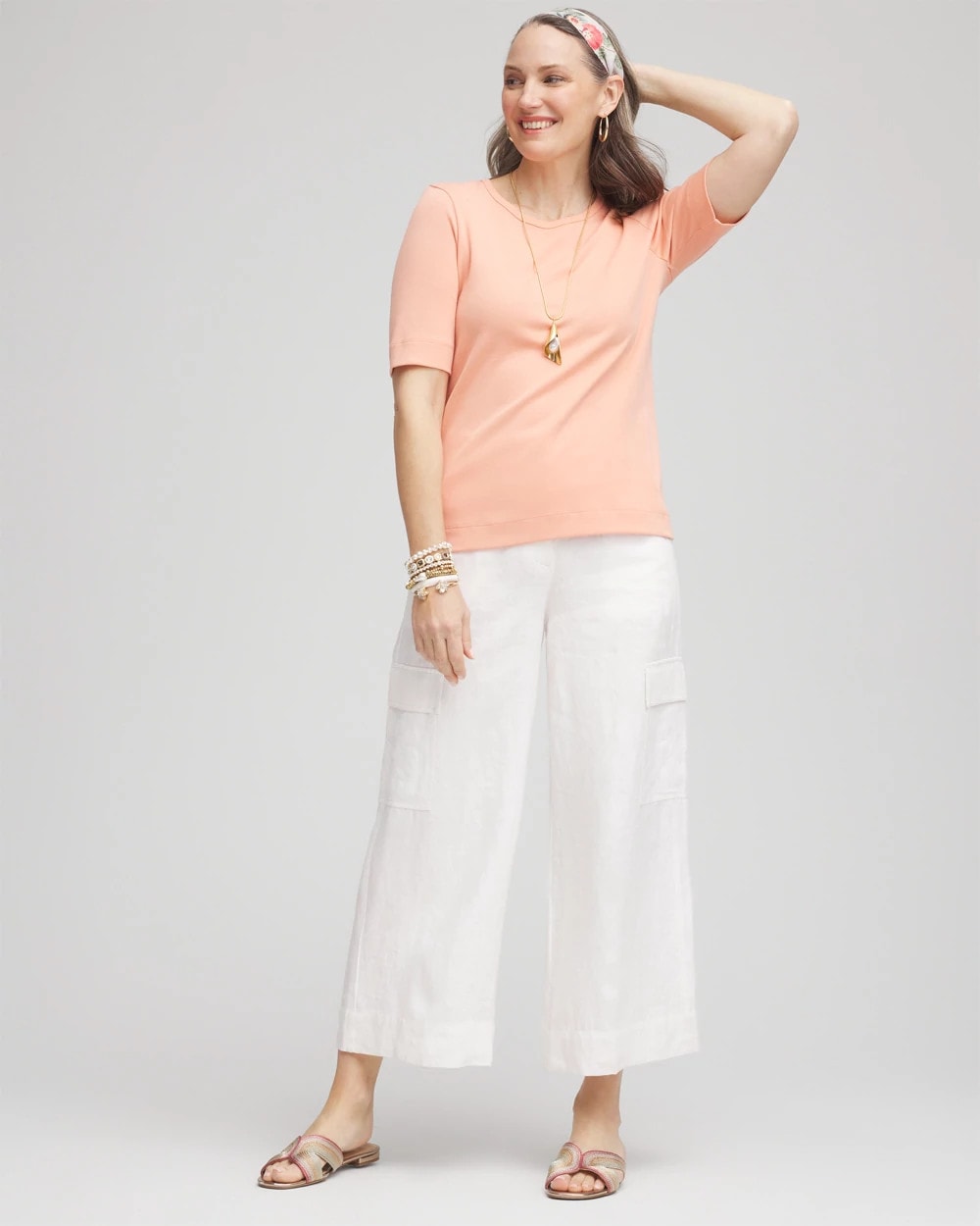 Chico's Linen Cargo Wide-Leg Cropped Pants ALABASTER