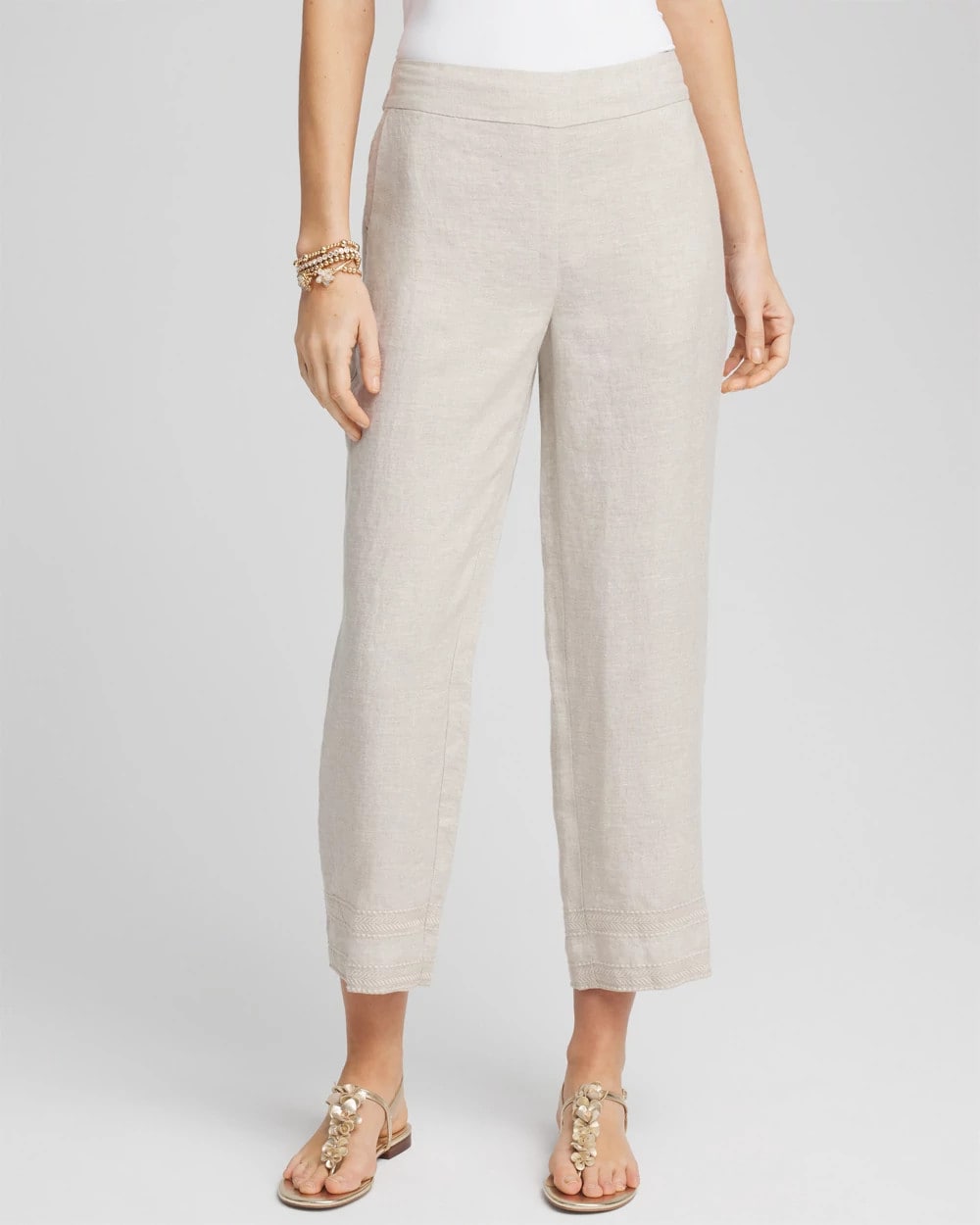 Chico's Linen Pull On Waist Cropped Pants OATMEAL