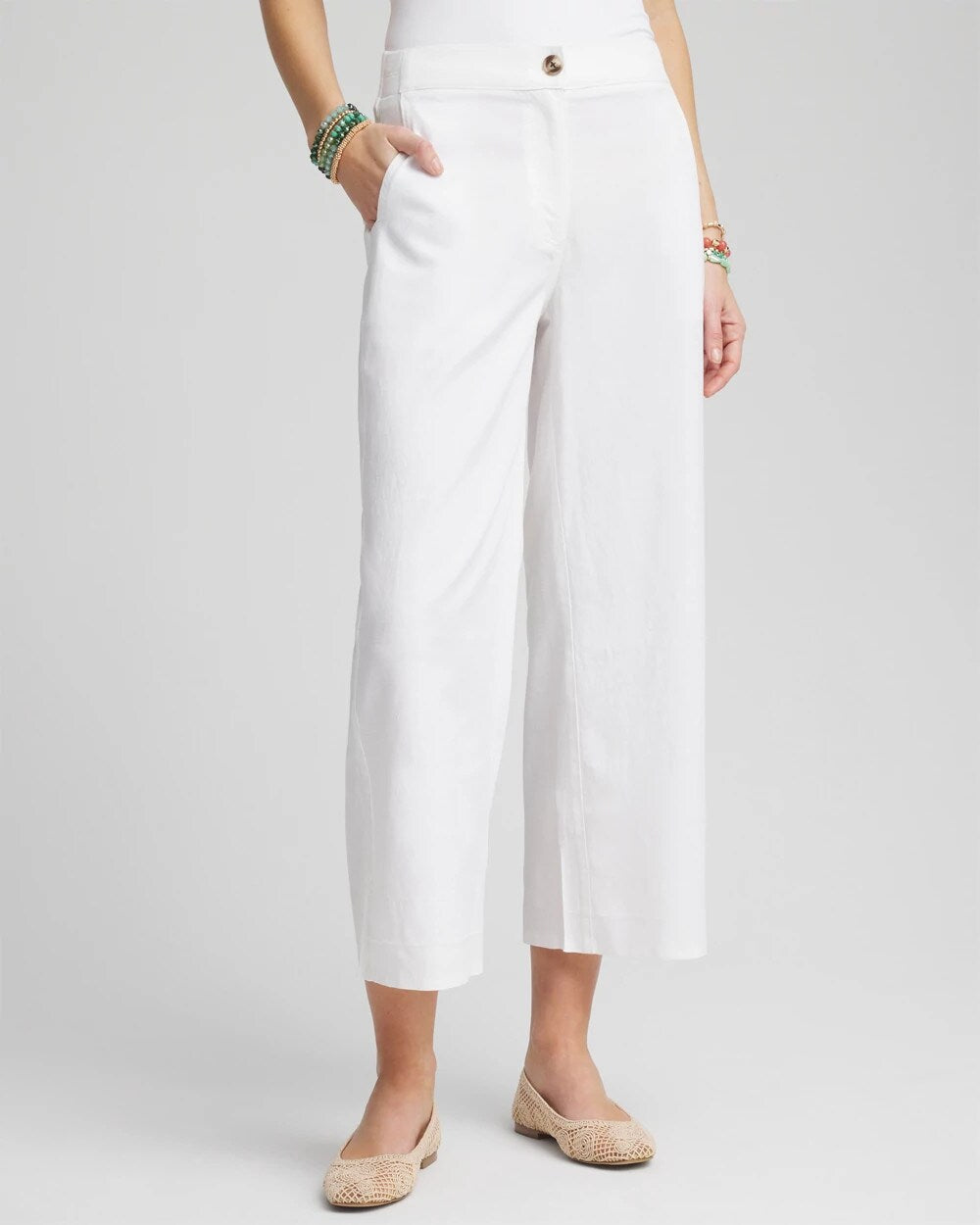 Chico's Ribbed Waist Linen Blend Straight-Leg Cropped Pants ALABASTER