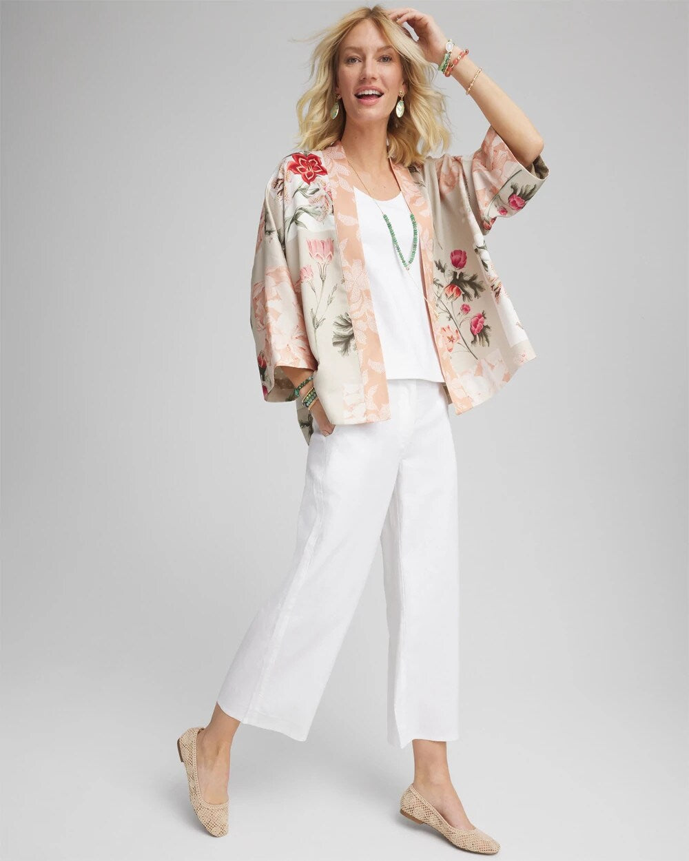 Chico's Ribbed Waist Linen Blend Straight-Leg Cropped Pants ALABASTER