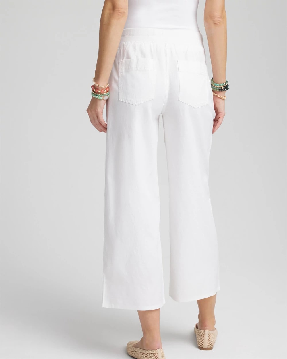 Chico's Ribbed Waist Linen Blend Straight-Leg Cropped Pants ALABASTER