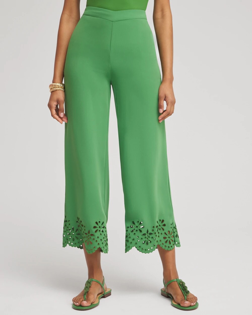 Chico's Satin Eyelet Hem Culottes VERDANT GREEN