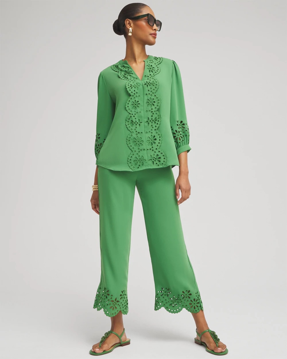 Chico's Satin Eyelet Hem Culottes VERDANT GREEN