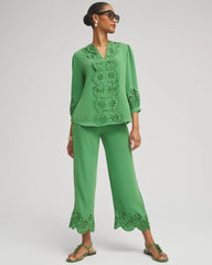Chico's Satin Eyelet Hem Culottes VERDANT GREEN