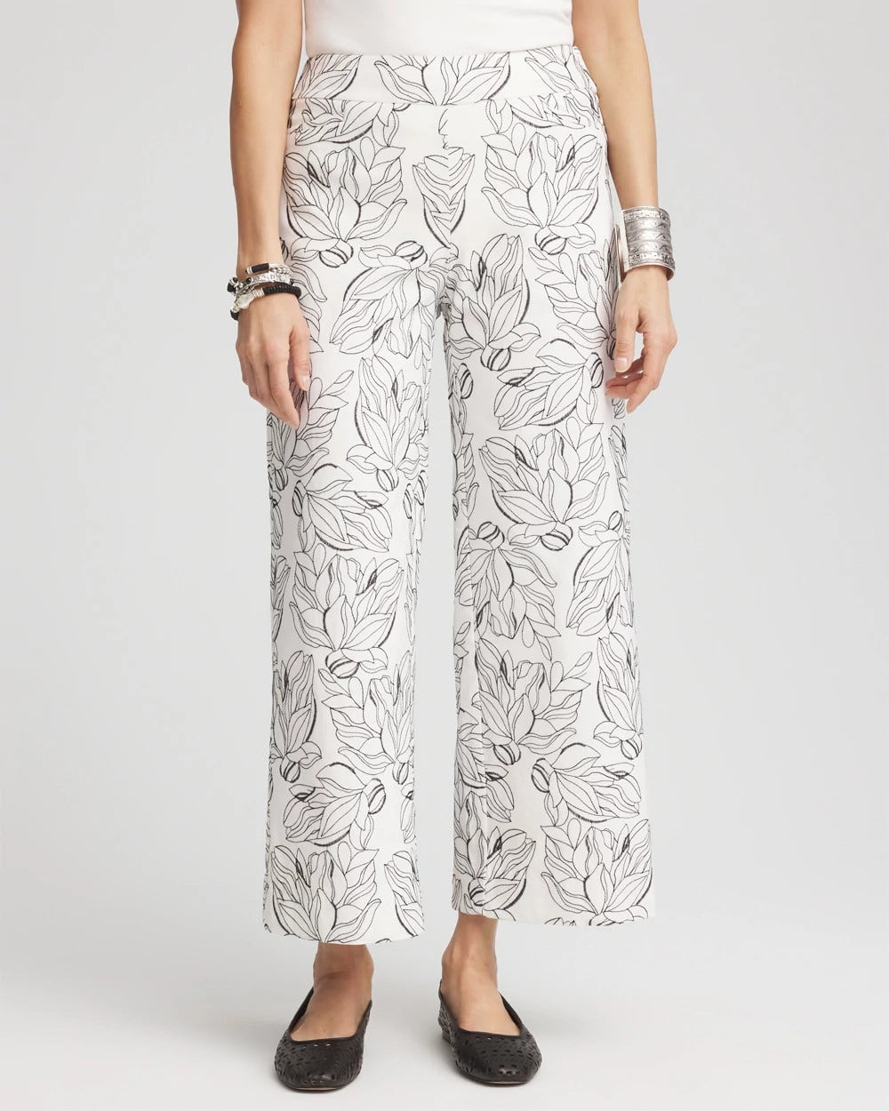 Chico's Brigitte™ Floral Embroidered Wide-Leg Cropped Pants ECRU