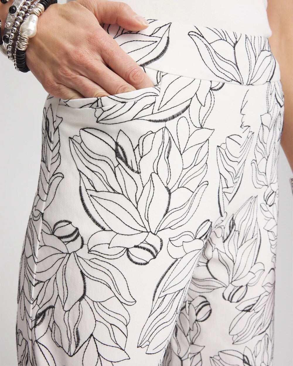 Chico's Brigitte™ Floral Embroidered Wide-Leg Cropped Pants ECRU