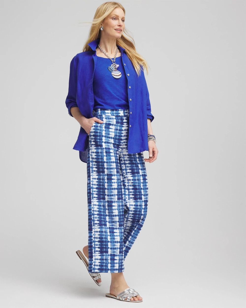 Chico's Tie-Dye Linen Cropped Pants BLUE