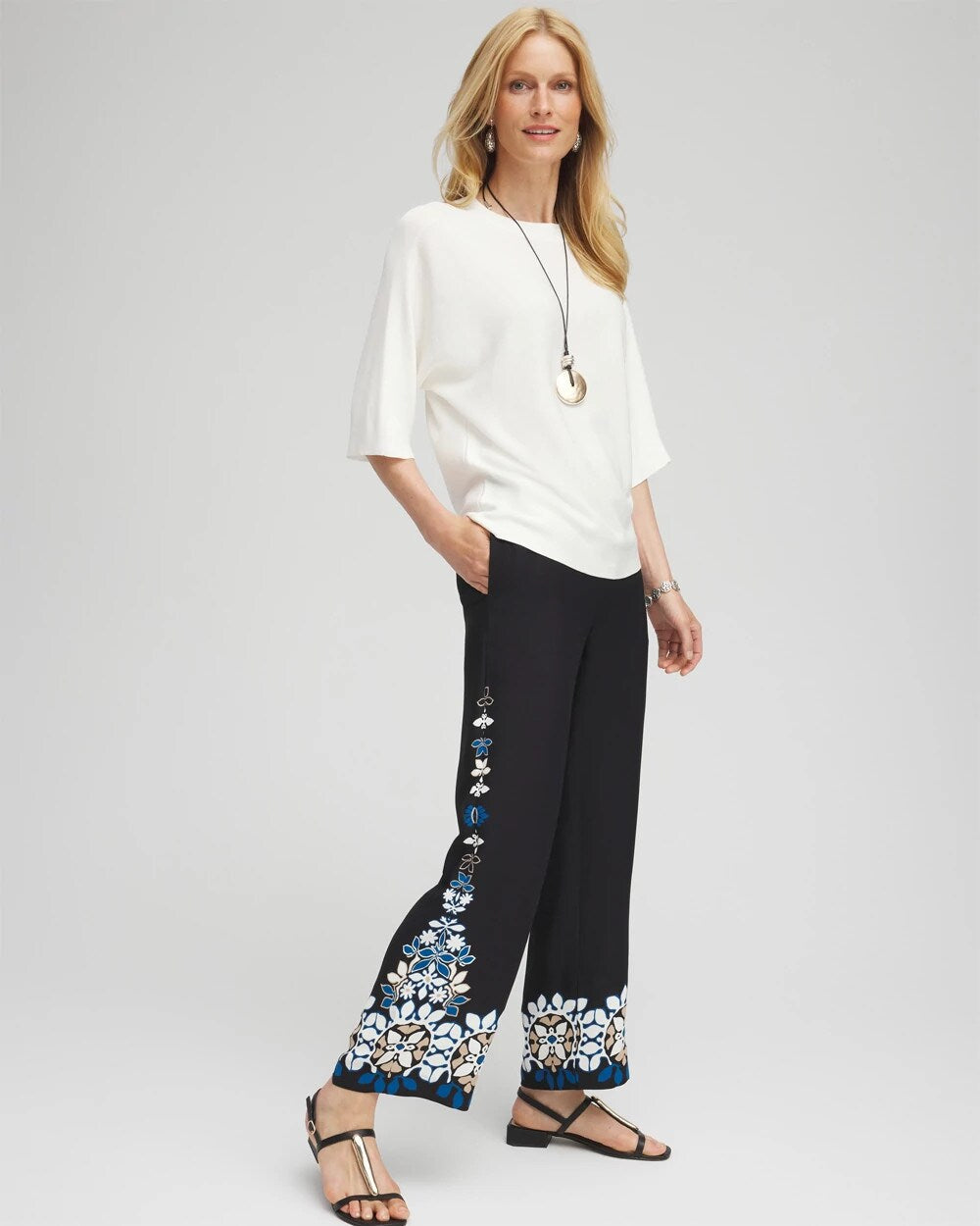 Chico's Placed Floral Print Soft Cropped Pants BLACK