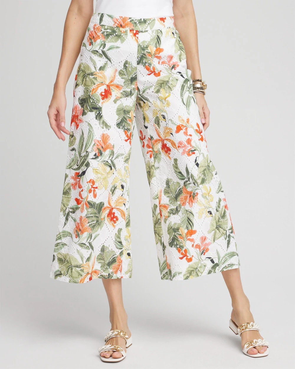 Chico's Floral Eyelet Culotte Pants ALABASTER