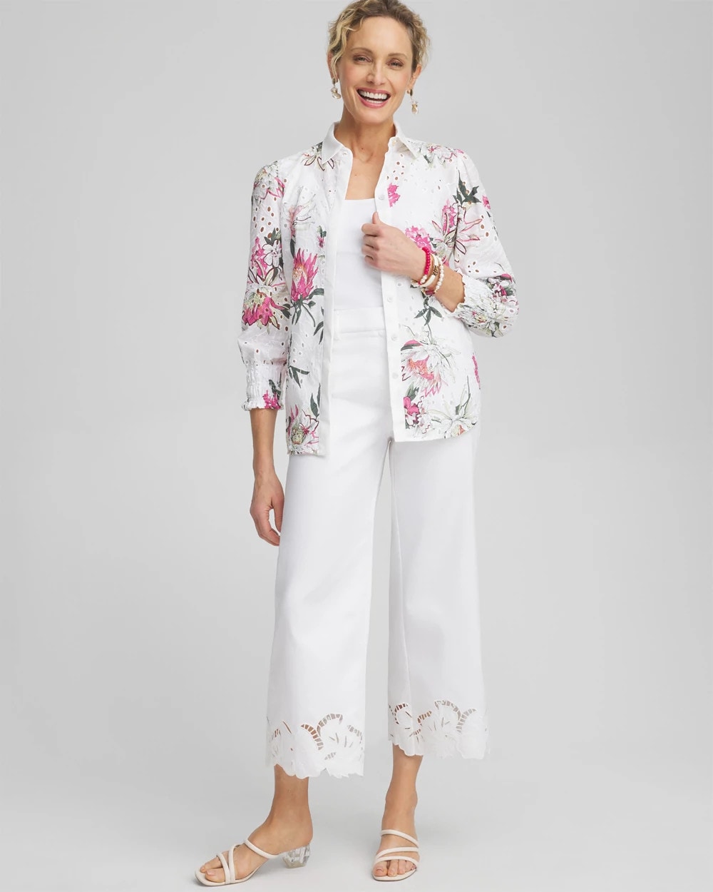 Chico's Cotton Sateen Cut Work Crops ALABASTER