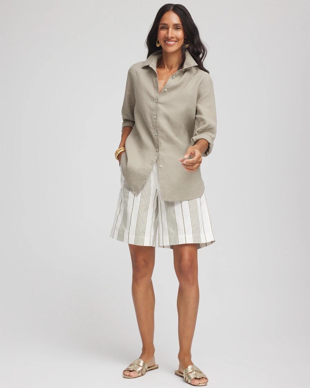 Chico's Striped Cotton-Linen Pull-On Utility Shorts ECRU