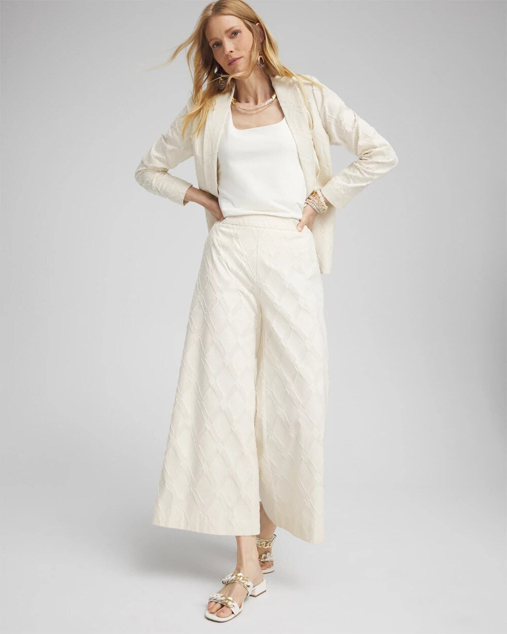 Chico's Textured Wide Leg Cropped Pants NATURAL CREAM