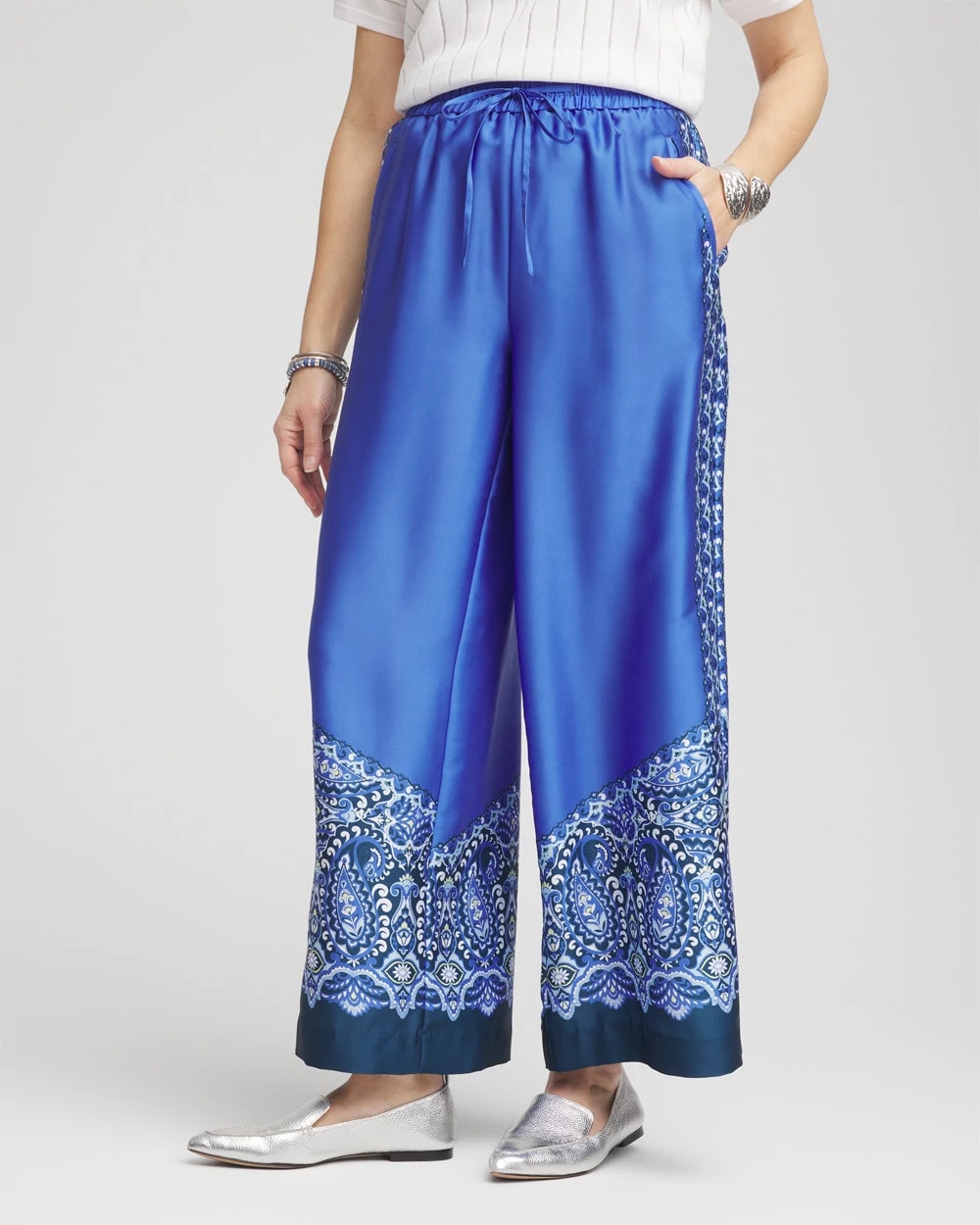 Chico's Pull-on Paisley Drawstring Cropped Pants BLUE PEARL