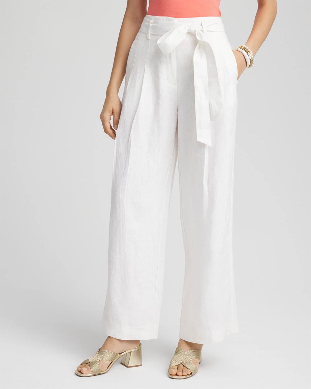 Chico's Belted Pleated Wide-Leg Linen Pants ALABASTER