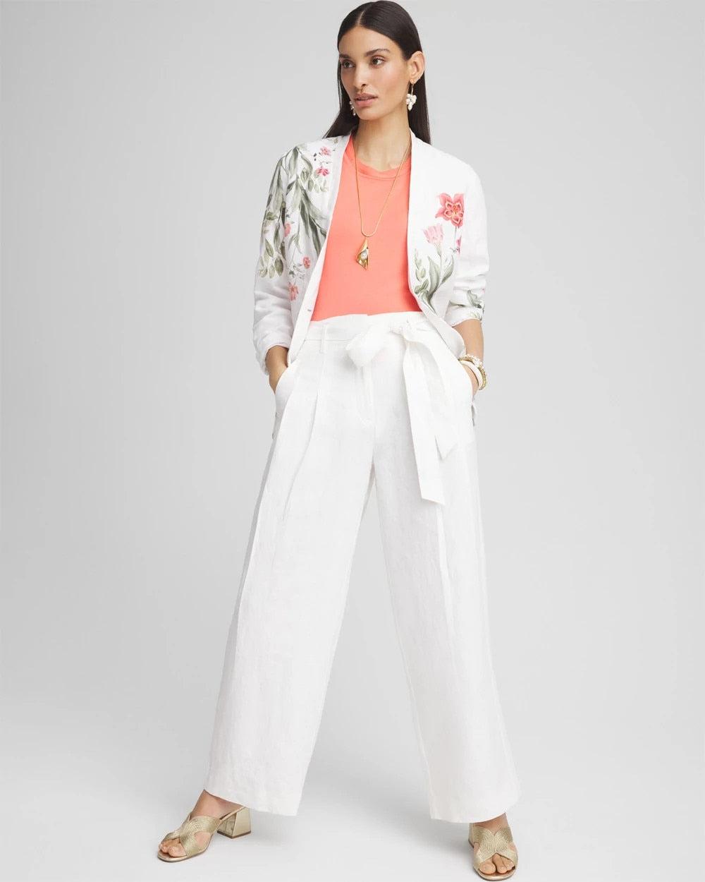 Chico's Belted Pleated Wide-Leg Linen Pants ALABASTER