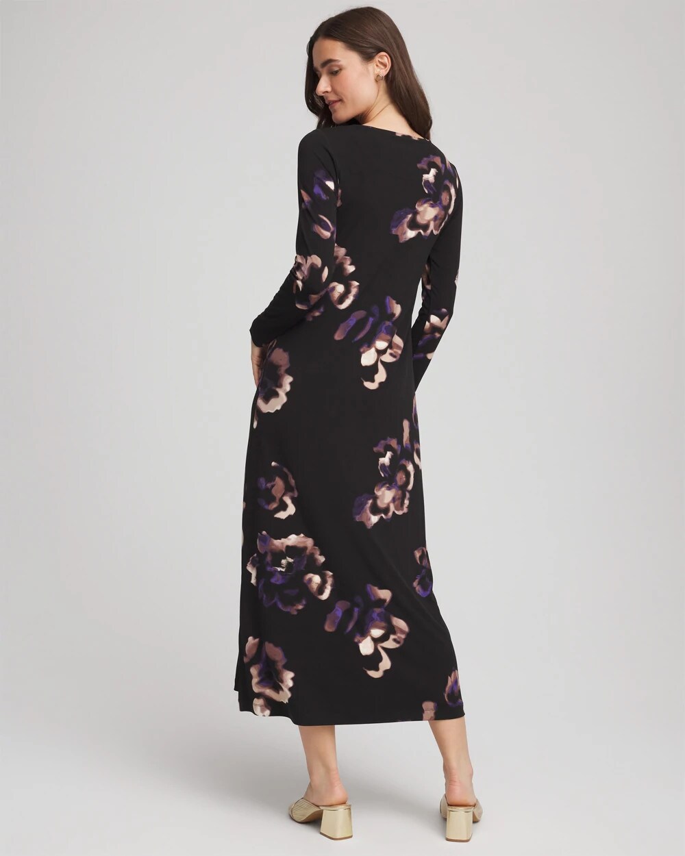 Chico's Floral Boatneck Column Maxi Dress BLACK