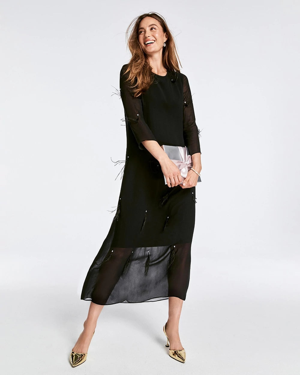 Chico's Feathered Georgette Popover Dress BLACK
