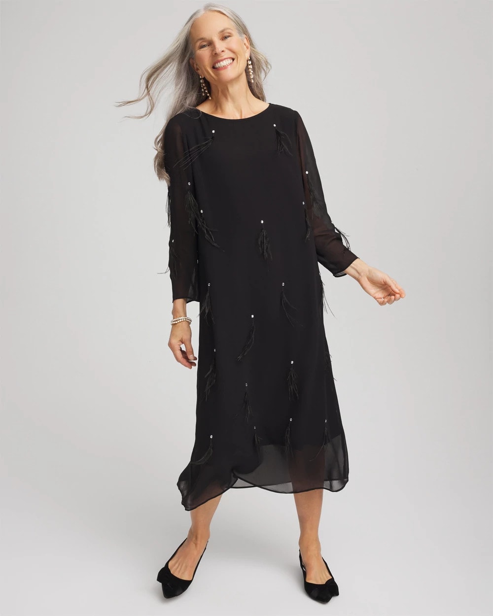 Chico's Feathered Georgette Popover Dress BLACK
