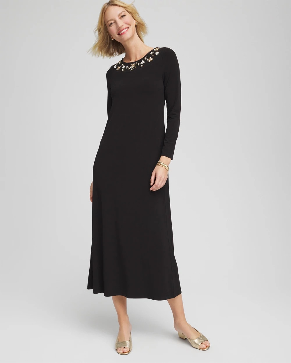 Chico's Embellished Column Maxi Dress BLACK